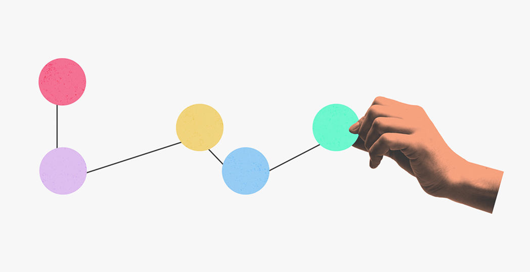 Collage of a hand holding onto a colorful circle in a chain of other connected colorful circles.